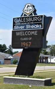 Sign outside Galesburg High School welcoming the class of 1967